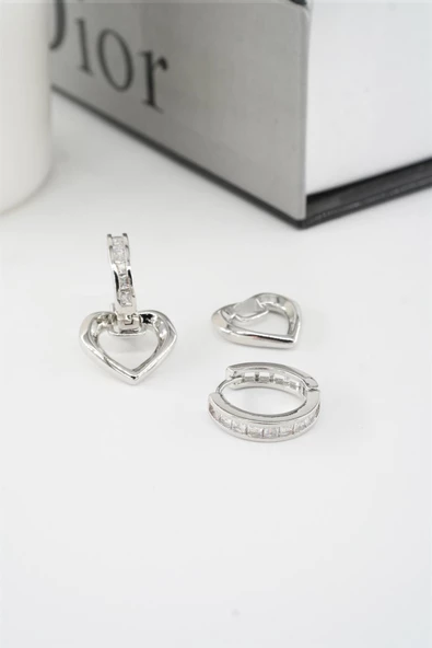 Kadın Vip Seri Baget Zirkon Taşlı Sallantılı Kalp Model Klipsli 2'li Set Küpe - Resim 3