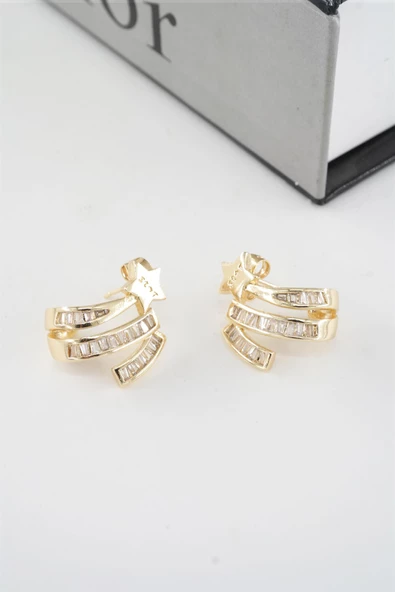 Kadın Vip Seri Baget Zirkon Taşlı Yıldız Model 2'li Küpe Seti - Resim 3