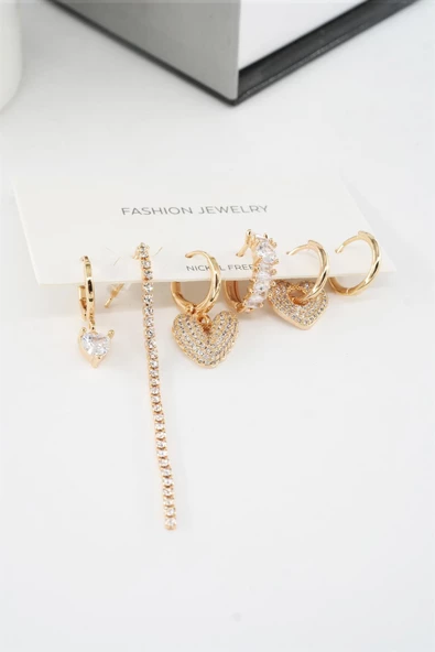 Kadın Vip Seri Helix Kalp ve Su Yolu Zirkon Taşlı 6'lı Küpe Seti - Resim 4