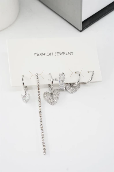 Kadın Vip Seri Helix Kalp ve Su Yolu Zirkon Taşlı 6'lı Küpe Seti