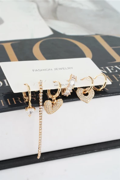 Kadın Vip Seri Helix Kalp ve Su Yolu Zirkon Taşlı 6'lı Küpe Seti - Resim 2