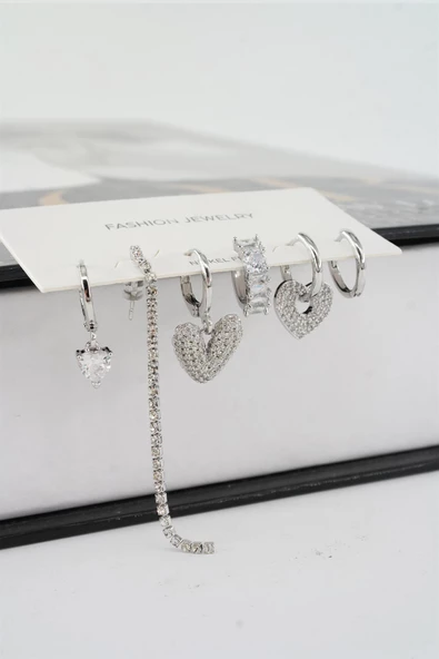 Kadın Vip Seri Helix Kalp ve Su Yolu Zirkon Taşlı 6'lı Küpe Seti - 3