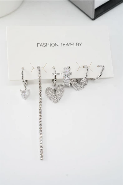 Kadın Vip Seri Helix Kalp ve Su Yolu Zirkon Taşlı 6'lı Küpe Seti - 4