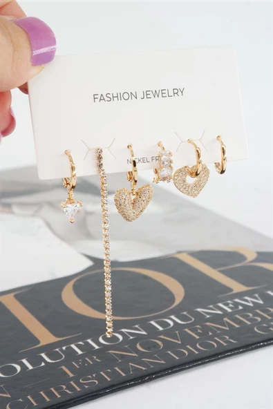 Kadın Vip Seri Helix Kalp ve Su Yolu Zirkon Taşlı 6'lı Küpe Seti - Resim 3