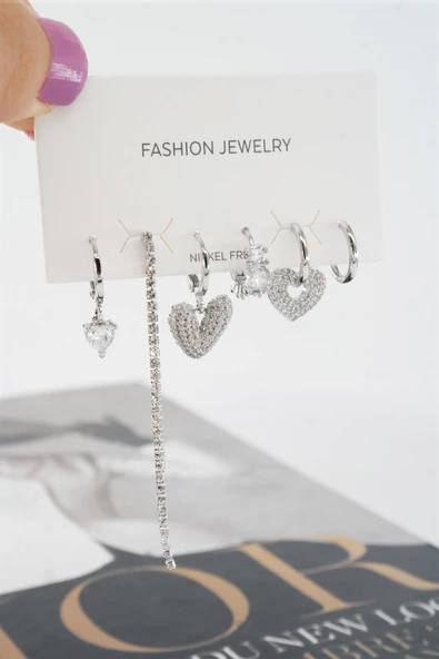 Kadın Vip Seri Helix Kalp ve Su Yolu Zirkon Taşlı 6'lı Küpe Seti - 2