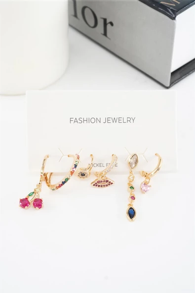 Kadın Vip Seri Mix Zirkon Taşlı 6'lı Küpe Seti - Resim 3