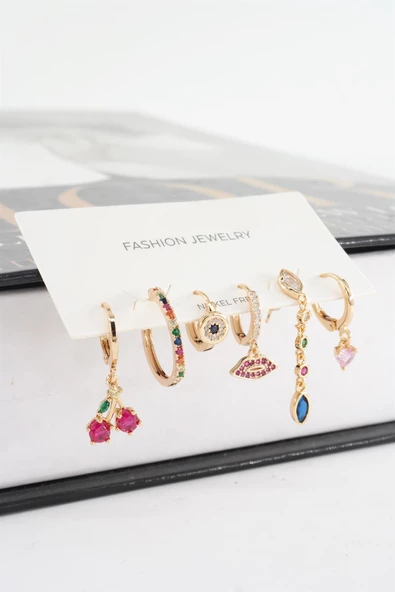 Kadın Vip Seri Mix Zirkon Taşlı 6'lı Küpe Seti - Resim 2