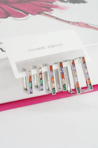 Kadın Vip Seri Mix Renkli Baget Zirkon Taşlı 6'lı Küpe Seti ürün görseli