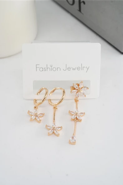 Kadın Vip Seri Zirkon Taşlı 3'lü Küpe - Resim 5