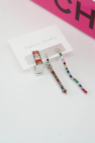 Kadın Vip Seri Baget Zirkon Taşlı 3'lü Küpe Seti - Resim 3