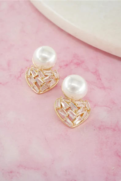 Kadın Vip Seri Baget Zirkon Taşlı Suni İncili Küpe - Resim 3