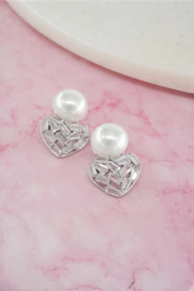 Kadın Vip Seri Baget Zirkon Taşlı Suni İncili Küpe - Resim 3