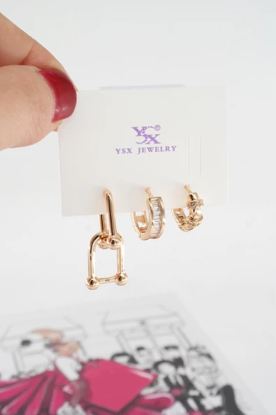 Kadın Vip Seri Baget Zirkon Taşlı 3'lü Küpe Seti - Resim 2