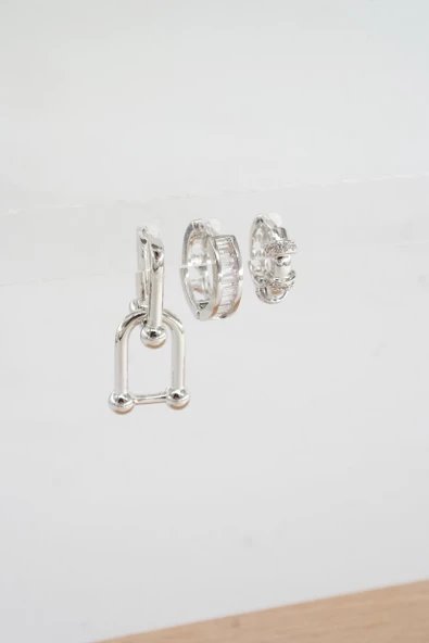 Kadın Vip Seri Baget Zirkon Taşlı 3'lü Küpe Seti - Resim 2