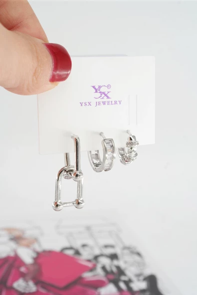 Kadın Vip Seri Baget Zirkon Taşlı 3'lü Küpe Seti - Resim 3