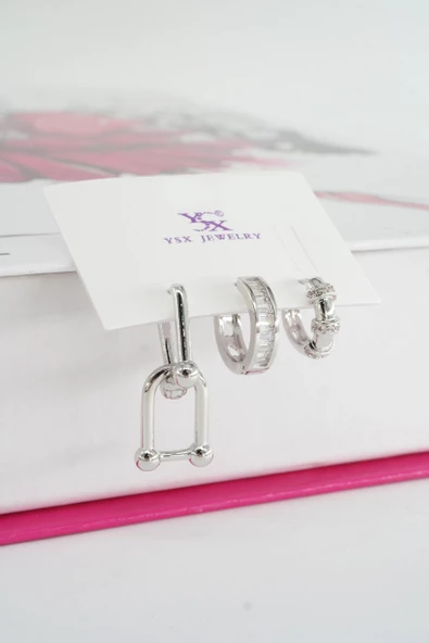 Kadın Vip Seri Baget Zirkon Taşlı 3'lü Küpe Seti ürün görseli