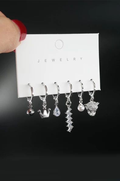 Kadın Vip Seri Özel Tasarım Baget Zirkon Taşlı 6'lı Küpe Seti - Resim 2