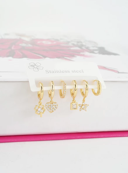 Kadın Vip Seri Özel Tasarım Baget Zirkon Taşlı 6'lı Küpe Seti ürün görseli