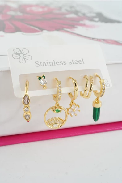 Kadın Vip Seri Özel Tasarım Baget Zirkon Taşlı 6'lı Küpe Seti ürün görseli