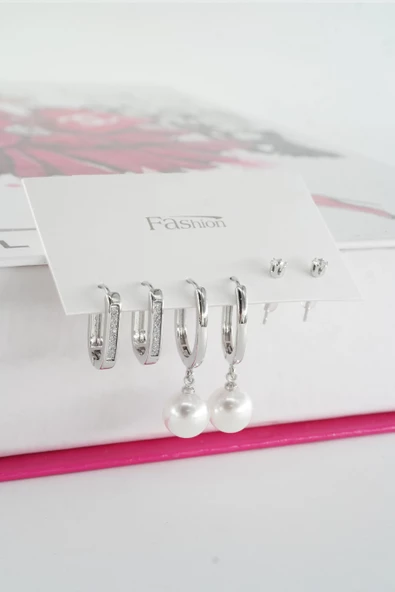 Kadın Vip Seri Özel Tasarım Baget Zirkon Taşlı 6'lı Küpe Seti - Resim 2