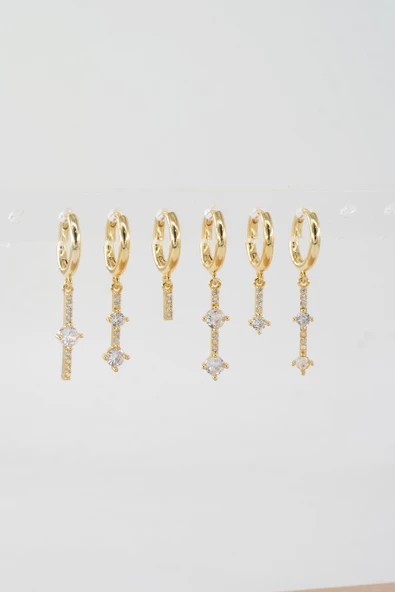 Kadın Vip Seri Özel Tasarım Baget Zirkon Taşlı 6'lı Küpe Seti - Resim 2