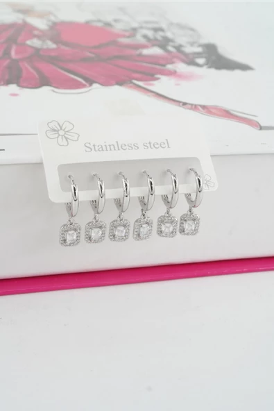 Kadın Vip Seri Özel Tasarım Baget Zirkon Taşlı 6'lı Küpe Seti