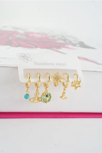 Kadın Vip Seri Özel Tasarım Baget Zirkon Taşlı 6'lı Küpe Seti