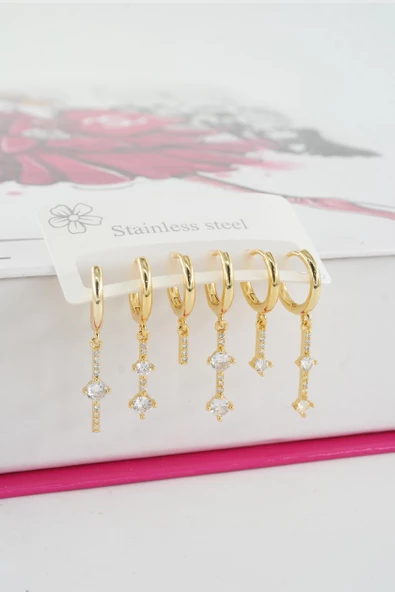 Kadın Vip Seri Özel Tasarım Baget Zirkon Taşlı 6'lı Küpe Seti ürün görseli