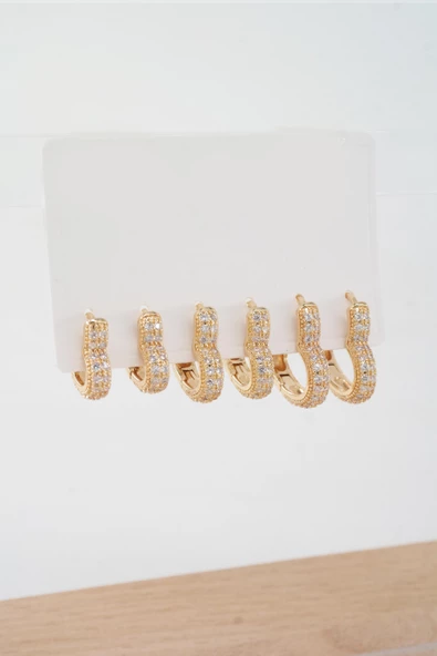 Kadın Vip Seri Özel Tasarım Baget Zirkon Taşlı 6'lı Küpe Set - 3