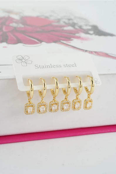 Kadın Vip Seri Özel Tasarım Baget Zirkon Taşlı 6'lı Küpe Seti ürün görseli