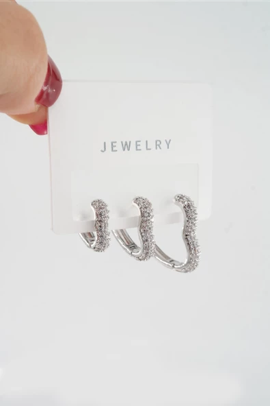 Kadın Vip Seri Özel Tasarım Baget Zirkon Taşlı 3'lü Küpe Seti - Resim 3