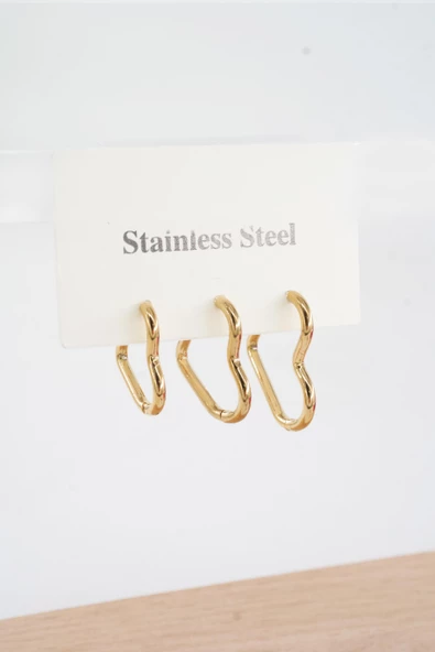 Kadın Vip Seri 316 L Paslanmaz Çelik Kalp Model 3'lü Küpe Seti