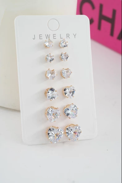 Kadın Vip Seri Baget Zirkon Taşlı Kalp Model 6'lı Küpe Seti ürün görseli