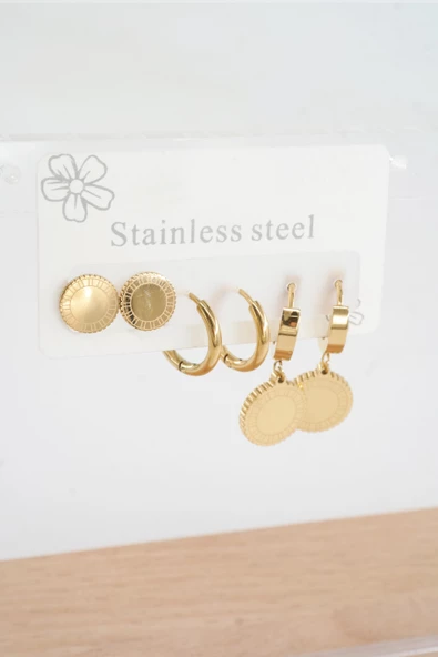 Kadın 316 L Paslanmaz Çelik Kararmaz  6'lı Küpe Seti - Resim 3