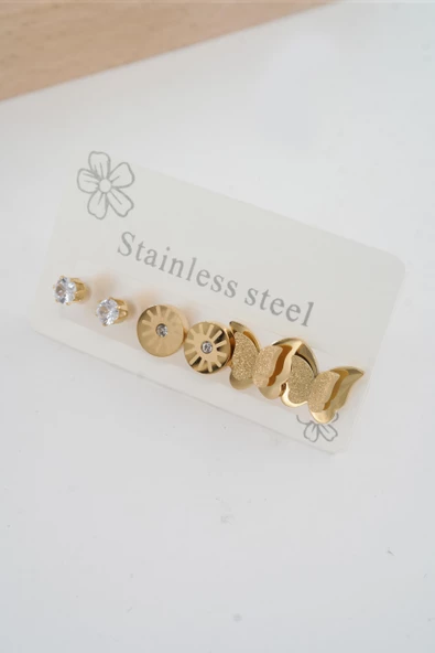 Kadın 316 L Paslanmaz Çelik Kararmaz  6'lı Küpe Seti ürün görseli