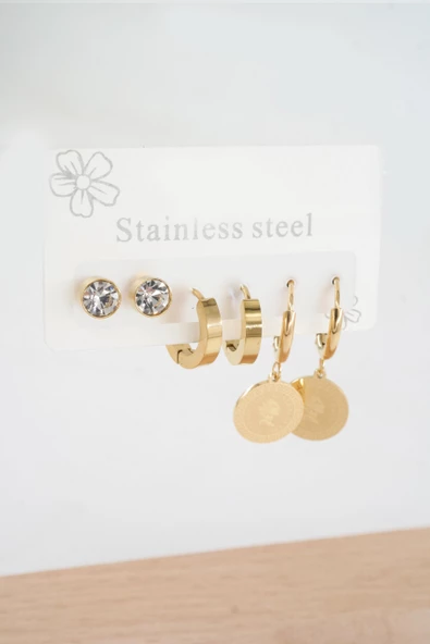 Kadın 316 L Paslanmaz Çelik Kararmaz  6'lı Küpe Seti - Resim 2