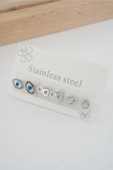 Kadın 316 L Paslanmaz Çelik Kararmaz  6'lı Küpe Seti ürün görseli