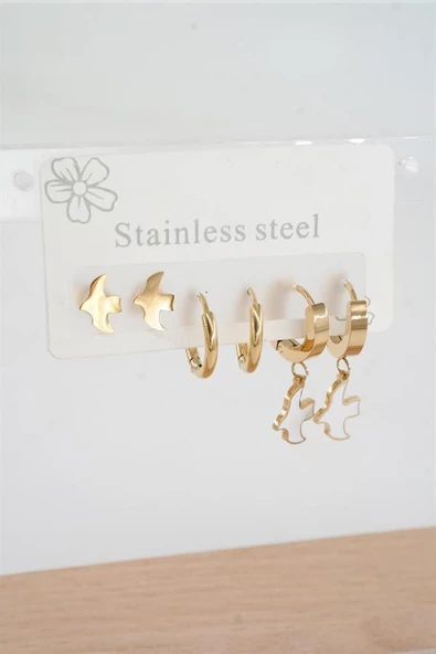 Kadın 316 L Paslanmaz Çelik Kararmaz  6'lı Küpe Seti - Resim 2