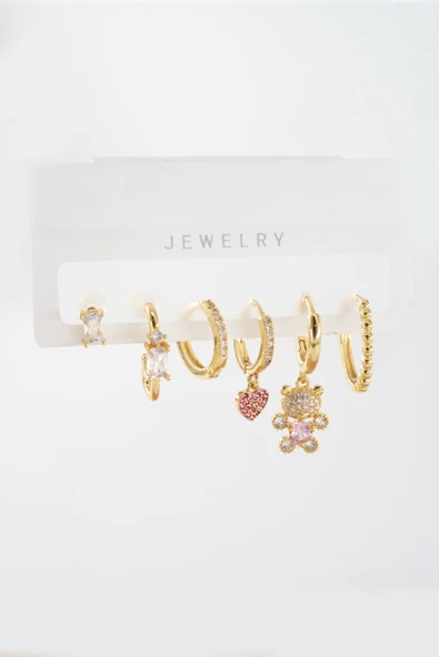 Kadın Vip Seri Zirkon Taşlı Karışık Figürlü 6'lı Küpe Seti ürün görseli