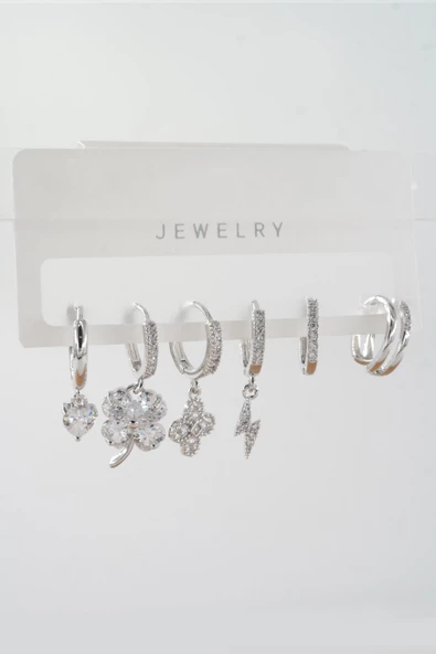 Kadın Vip Seri Zirkon Taşlı Karışık Figürlü 6'lı Küpe Seti ürün görseli