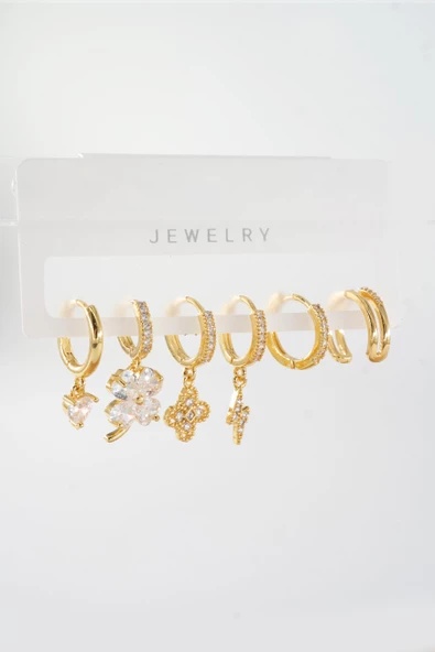 Kadın Vip Seri Zirkon Taşlı Karışık Figürlü 6'lı Küpe Seti ürün görseli