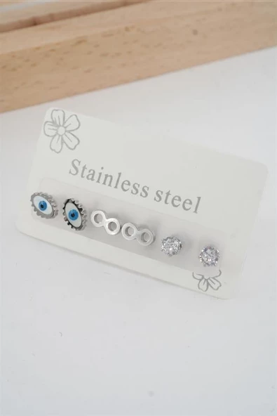 Kadın 316 L Paslanmaz Çelik Kararmaz  6'lı Küpe Seti ürün görseli