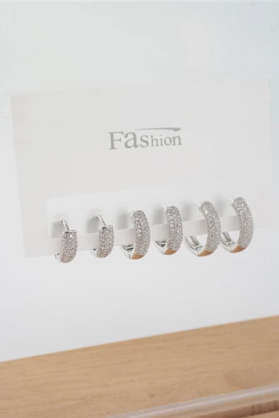 Kadın Vip Seri Zirkon Taşlı 3 Boy 6'lı Küpe Seti - Resim 2