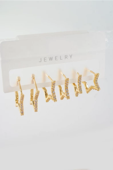 Kadın Vip Seri Zirkon Taşlı 3 Boy Yıldız Model 6'lı Küpe Seti - Resim 2