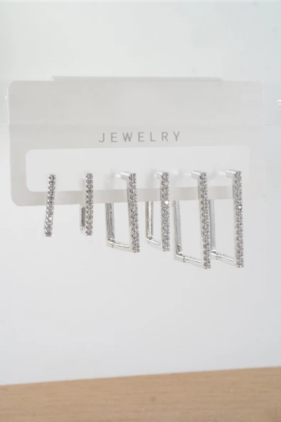 Kadın Vip Seri Zirkon Taşlı 3 Boy Dikdörtgen Model 6'lı Küpe Seti - Resim 2