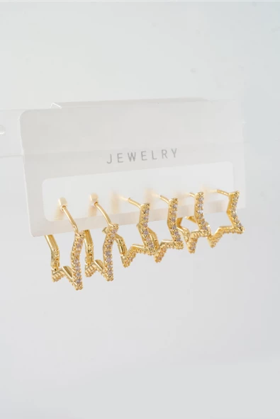 Kadın Vip Seri Zirkon Taşlı 3 Boy Yıldız Model 6'lı Küpe Seti ürün görseli