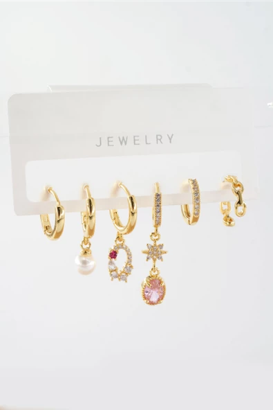 Kadın Vip Seri Zirkon Taşlı Karışık Figürlü 6'lı Küpe Seti - Resim 2