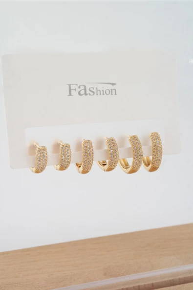 Kadın Vip Seri Zirkon Taşlı 3 Boy 6'lı Küpe Seti ürün görseli