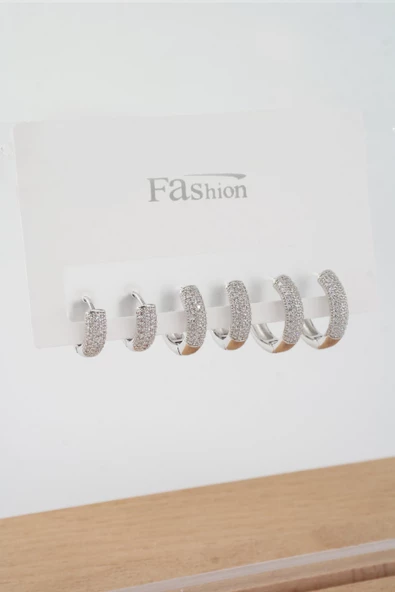 Kadın Vip Seri Zirkon Taşlı 3 Boy 6'lı Küpe Seti ürün görseli