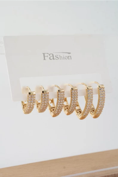 Kadın Vip Seri Zirkon Taşlı 3 Boy 6'lı Küpe Seti - Resim 2